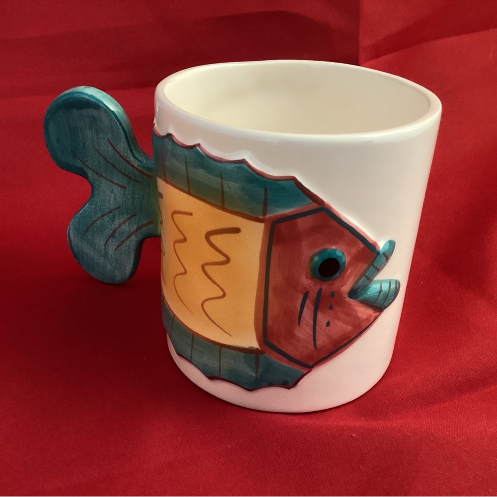 Pier 1 Coffee Mug Cup Fish Hand Painted Stoneware Tail Handle Japan read descrip